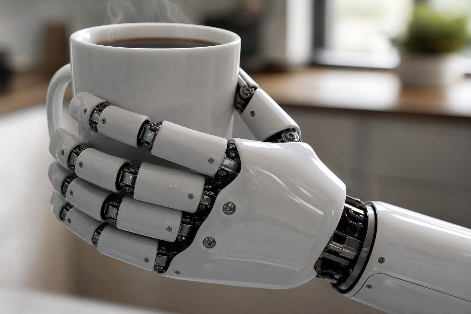 A humanoid robot hand holding a porcelain cup